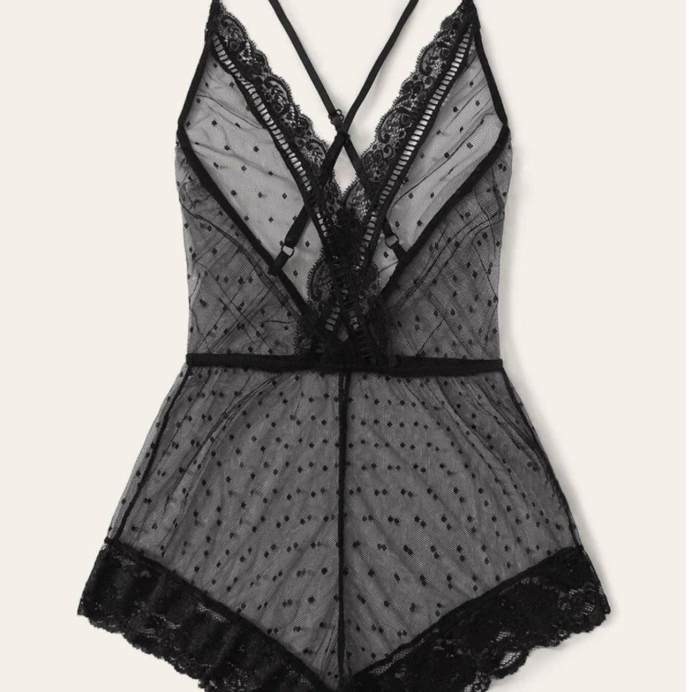 Eyelash Lace Crisscross Sheer Teddy Bodysuit